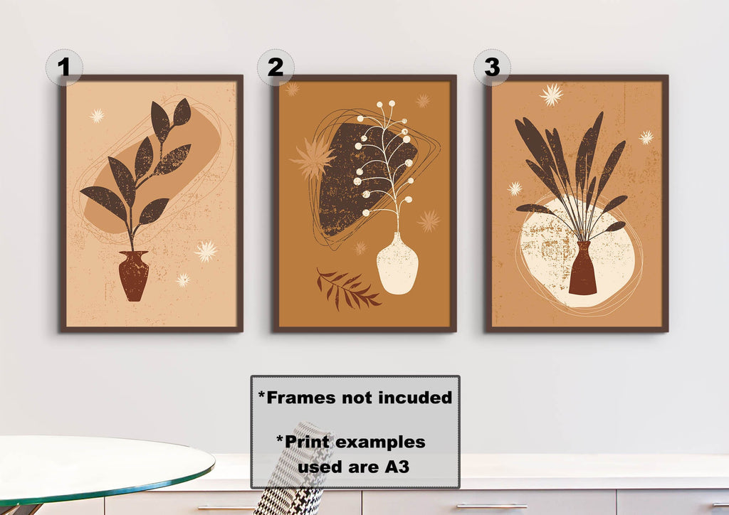 Floral Abstract Wall Art by Wall Funk: set of 3 plant prints on beige-brown background. High-quality card details below.