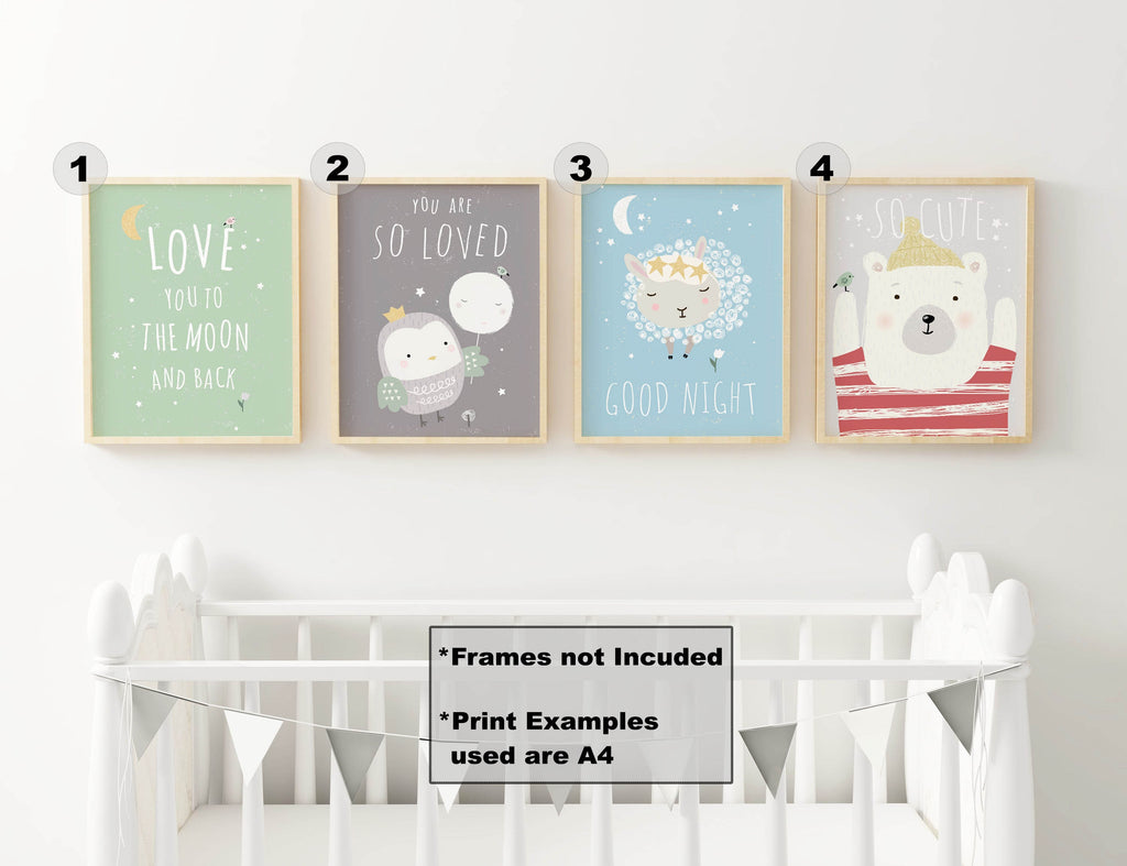 Wall Funk's Charming Boho Nursery Prints feature 4 cute animal-themed prints with uplifting quotes—frames not included.