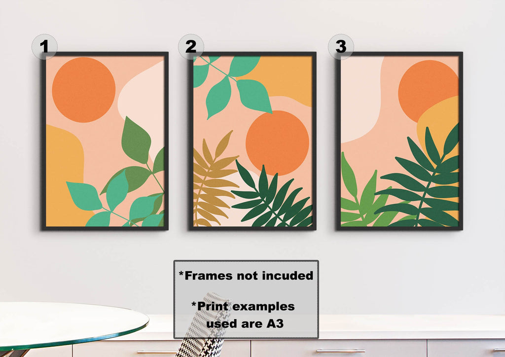 Floral Abstract Wall Art by Wall Funk: Set of 3 A3 prints with orange circles, green leaves. No frames included.