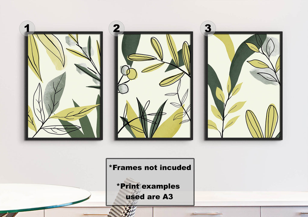 Floral Abstract Wall Art by Wall Funk features 3 leaf prints in green/yellow tones, crafted on high-quality card.