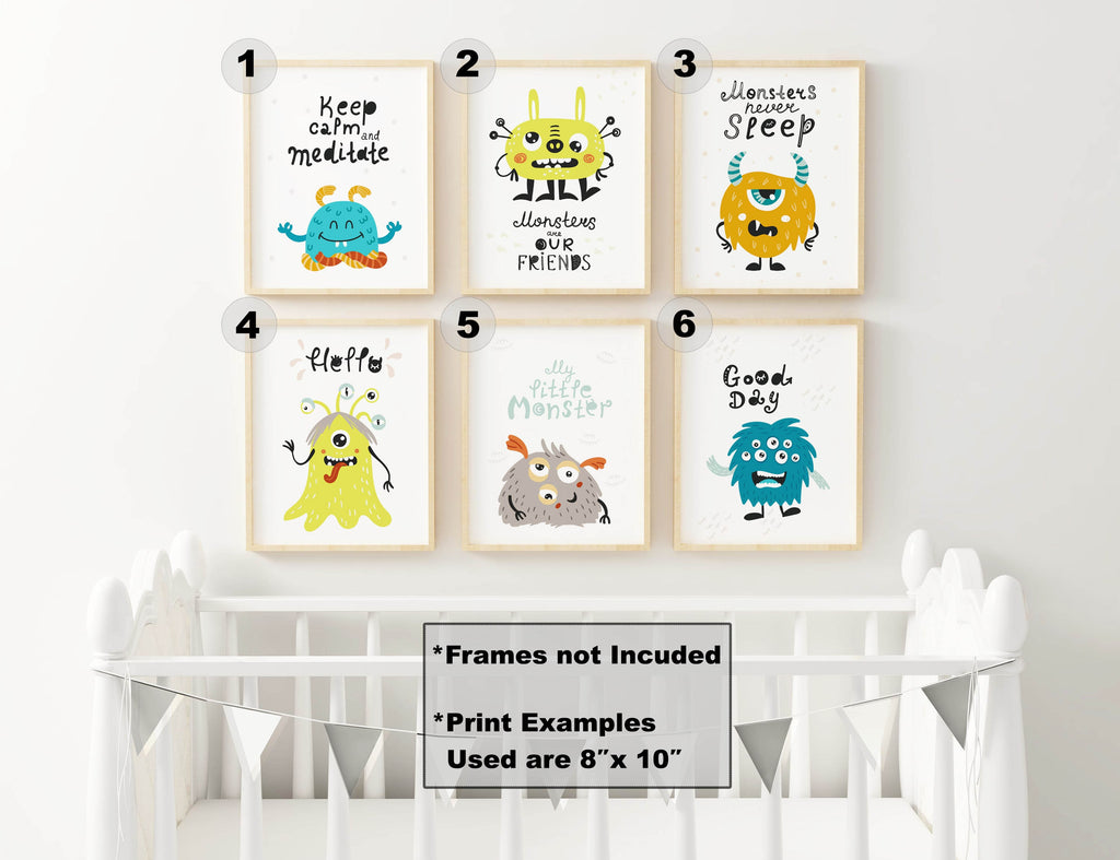 Nursery wall with Wall Funk's Cute Colourful Monster Theme Children's Wall Art Prints above a white crib.