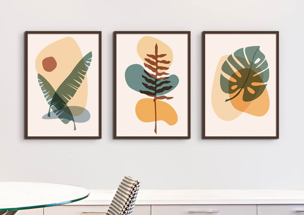 Wall Funk's Floral Abstract Wall Art in brown frames hangs above a table and chair on a light wall; available in custom sizes.