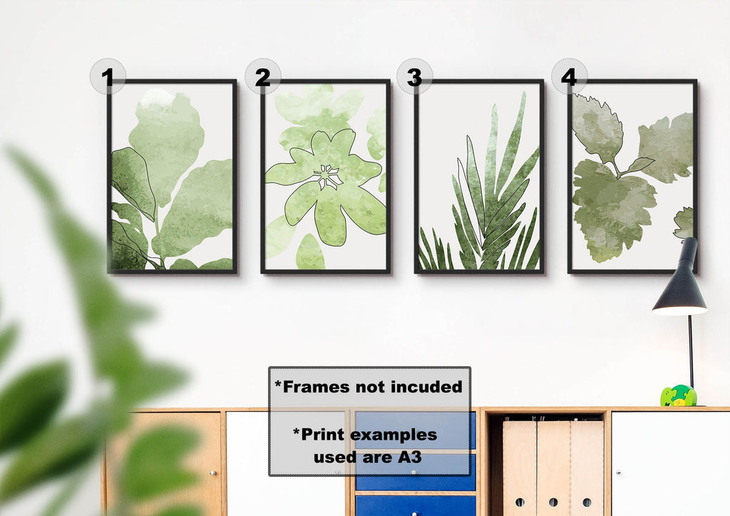 Four Floral Abstract Wall Art prints by Wall Funk, each with green leaf designs. Custom sizes available; lamp and shelves below.