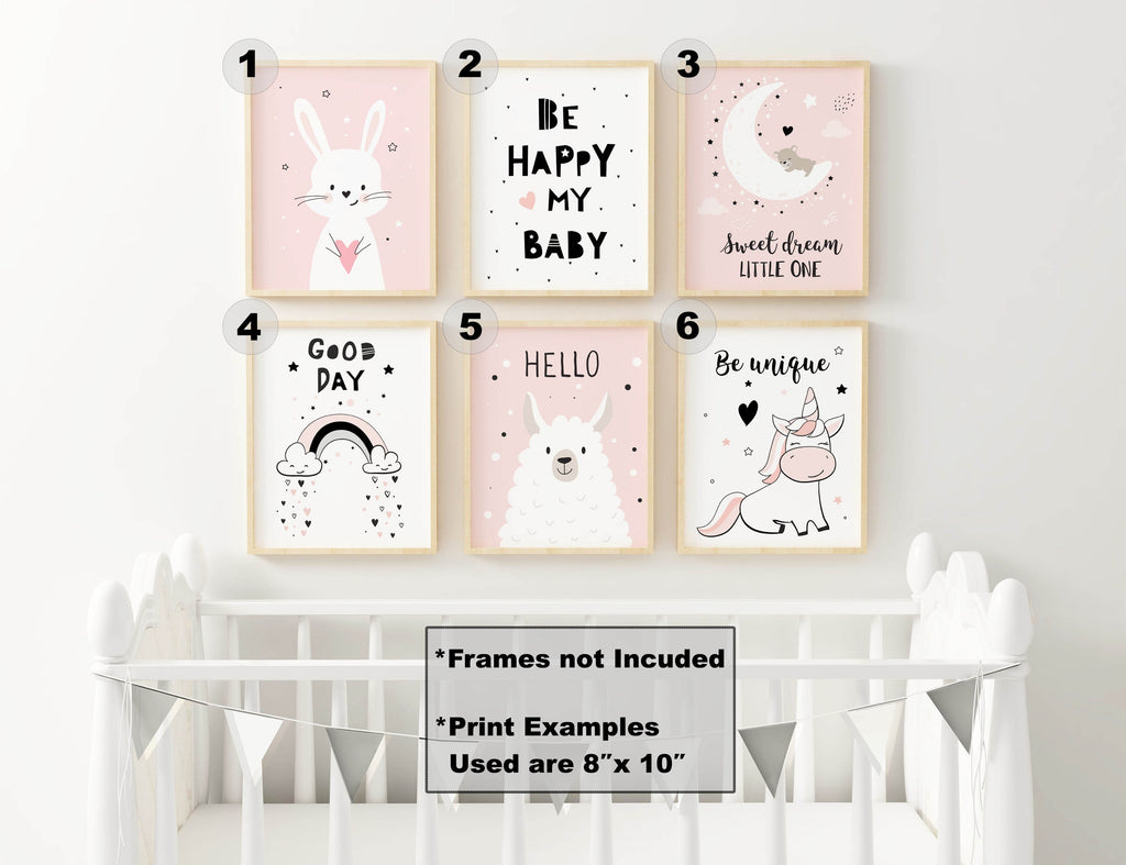 Six Wall Funk nursery prints featuring a rabbit, quotes, moon, rainbow, llama & unicorn on premium card enhance any nursery wall.