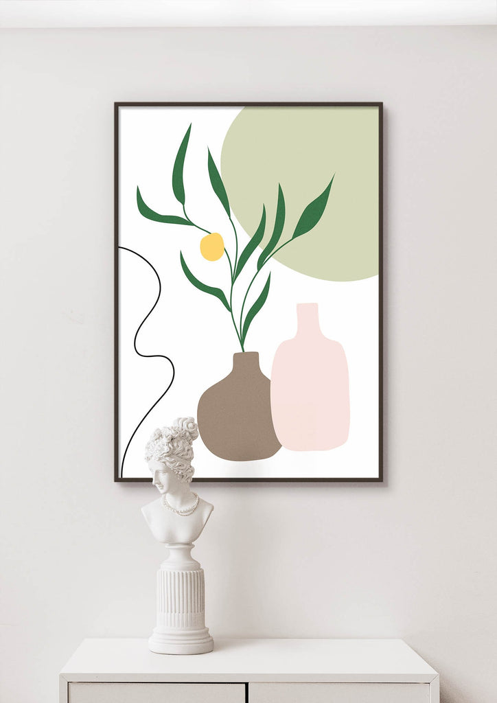 The Floral Abstract Wall Art by Wall Funk showcases plant shapes in a minimalist room, available in custom sizes.