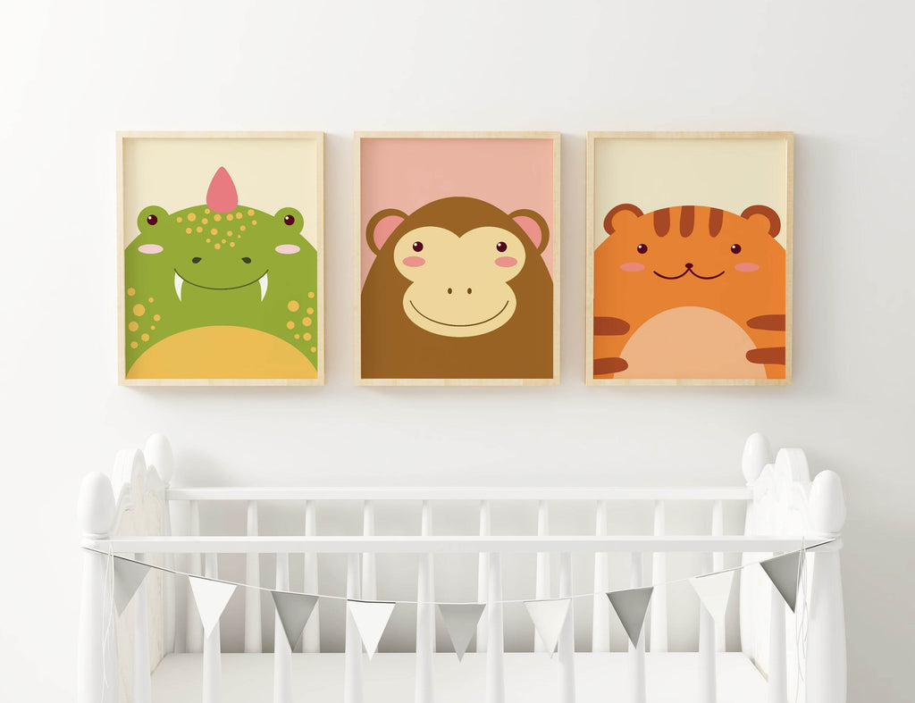 Wall Funk's NP#102: Three framed animal nursery prints (dinosaur, monkey, tiger) above a crib with custom sizes, featuring a banner.