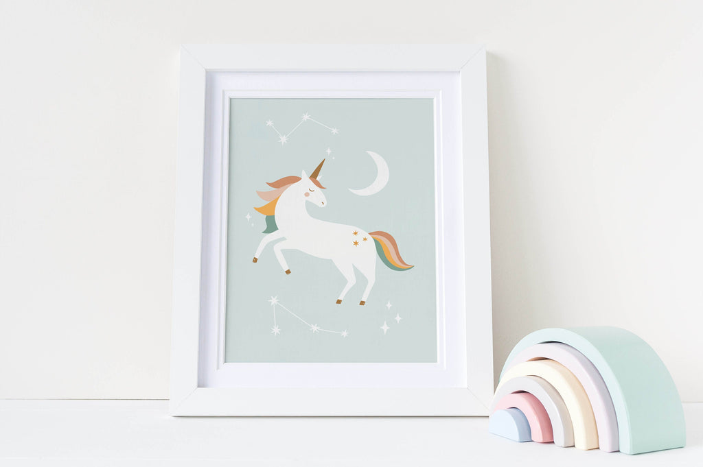 Wall Funk's NP#46 Unicorn prints feature a magical unicorn with stars and moon, alongside a pastel rainbow, perfect for a nursery.