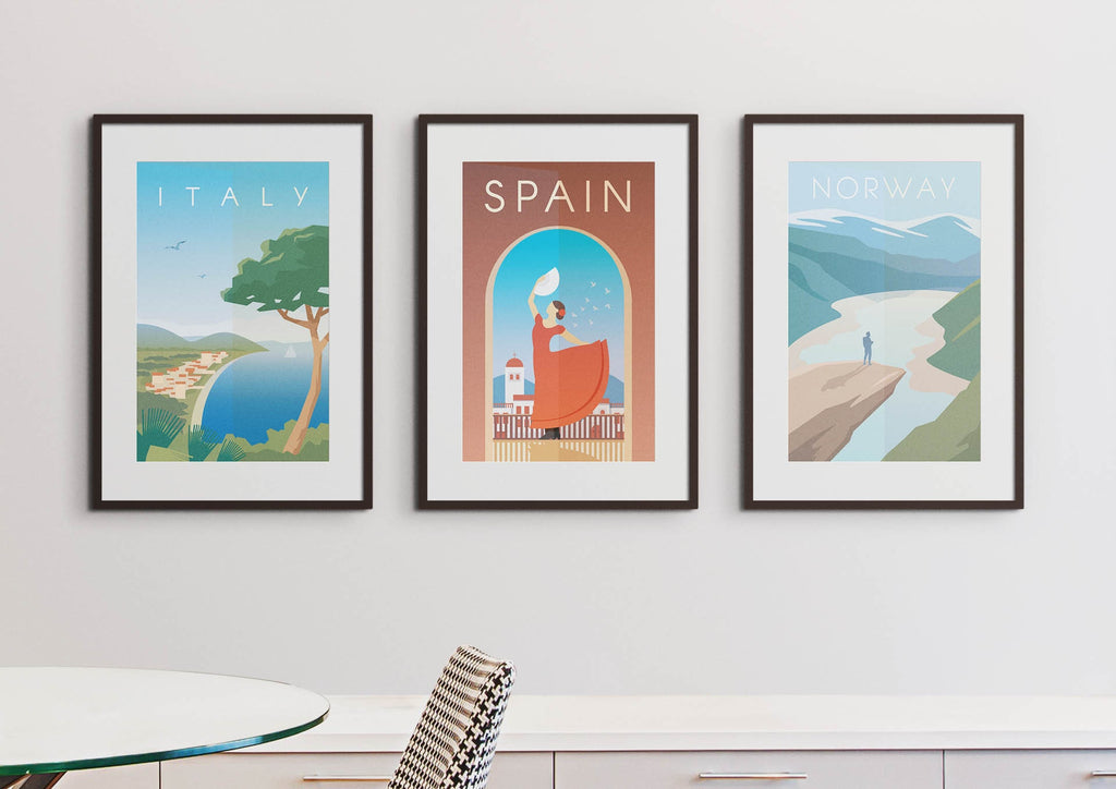 Three Wall Funk framed travel prints—Italy, Spain, and Norway—adorn the wall; available in custom sizes. TP#02 Modern Art.