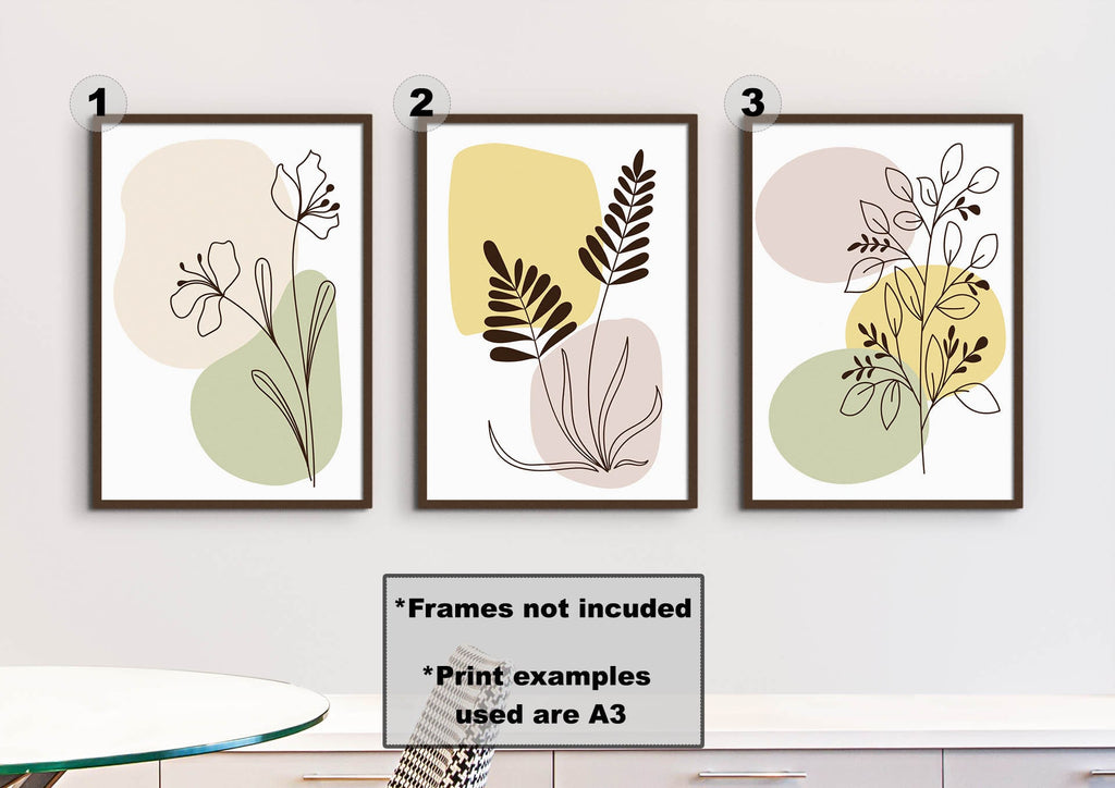 Floral Abstract Wall Art by Wall Funk: Three framed prints with minimalistic designs, custom sizes available.