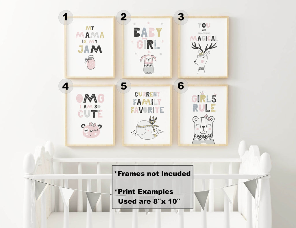 Wall Funk's 6 delightful animal-themed prints and a flag string add charm to the nursery, turning your baby's room into a joyful space.