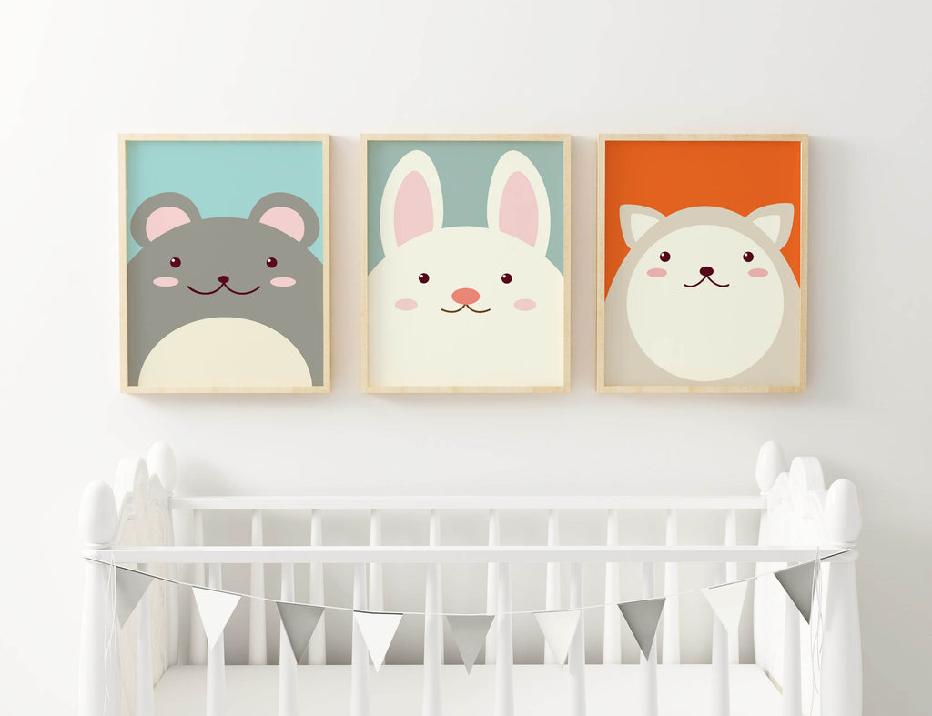 Three Wall Funk nursery art prints from NP#101, above a white crib with bunting, crafted on high-quality card for custom sizes.