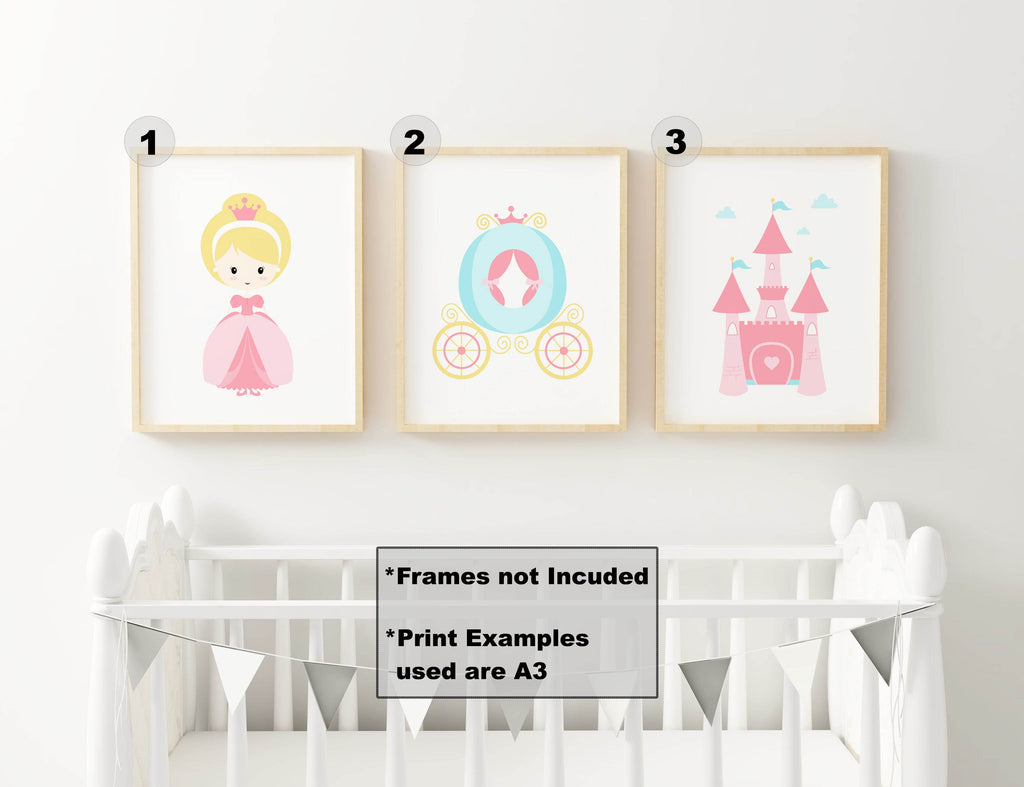 Three nursery prints above a white crib: princess, carriage, castle. Frames excluded. Custom sizes available. Wall Funk NP#36.