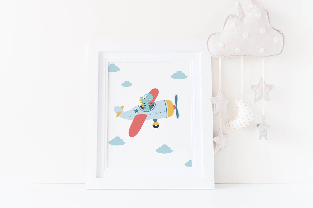 Wall Funk's Cute Boho Dinosaur Wall Art: Cartoon dino flying a plane with clouds & stars on white background.