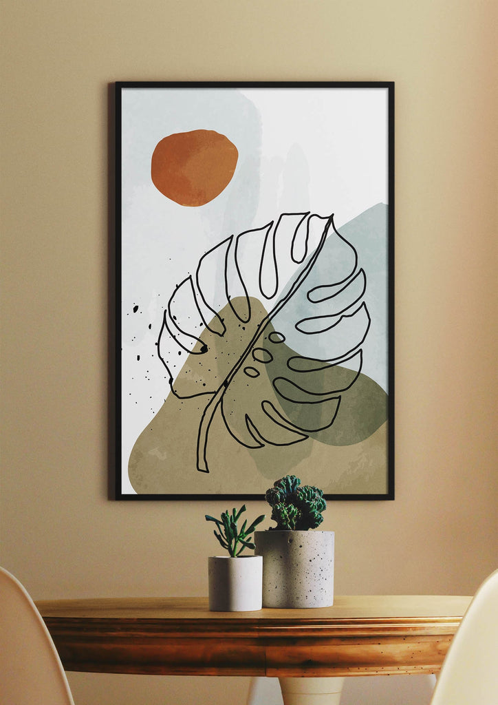 Floral Abstract Wall Art by Wall Funk: Framed leaf design in earthy tones, featuring potted plants on wood. Custom sizes available.