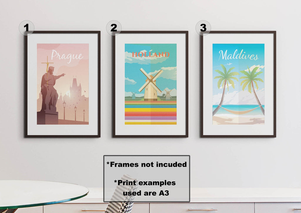 Wall Funk's TP#06: Three framed travel prints of Prague, Holland, and Maldives on high-quality card.