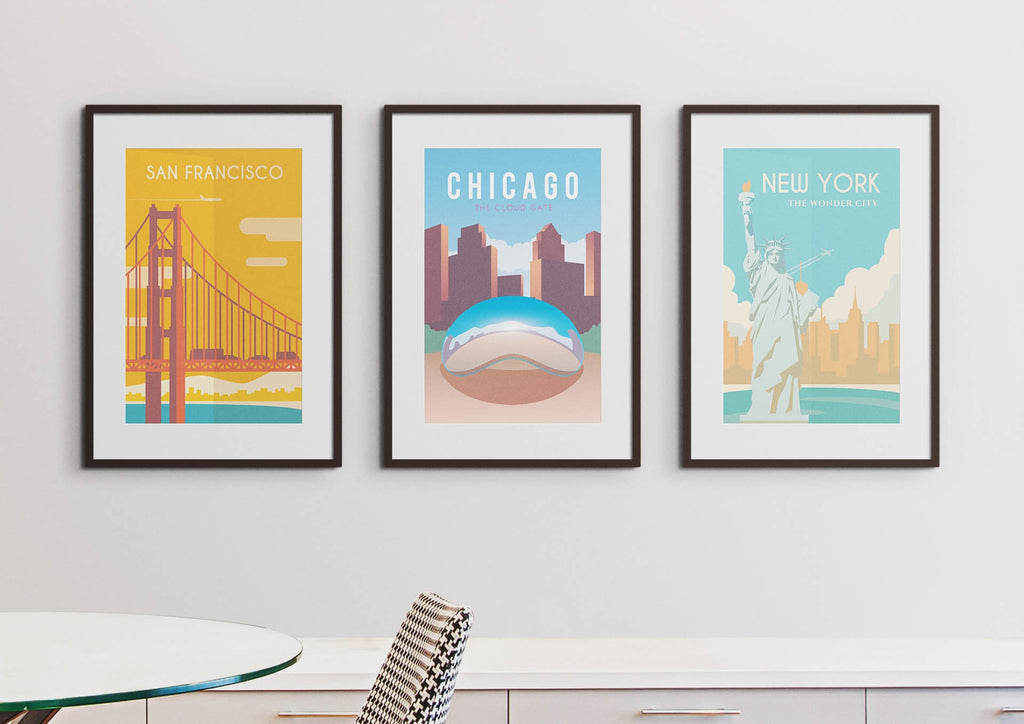 Wall Funk's TP#03 features framed travel prints of San Francisco, Chicago, and NYC landmarks in custom sizes.