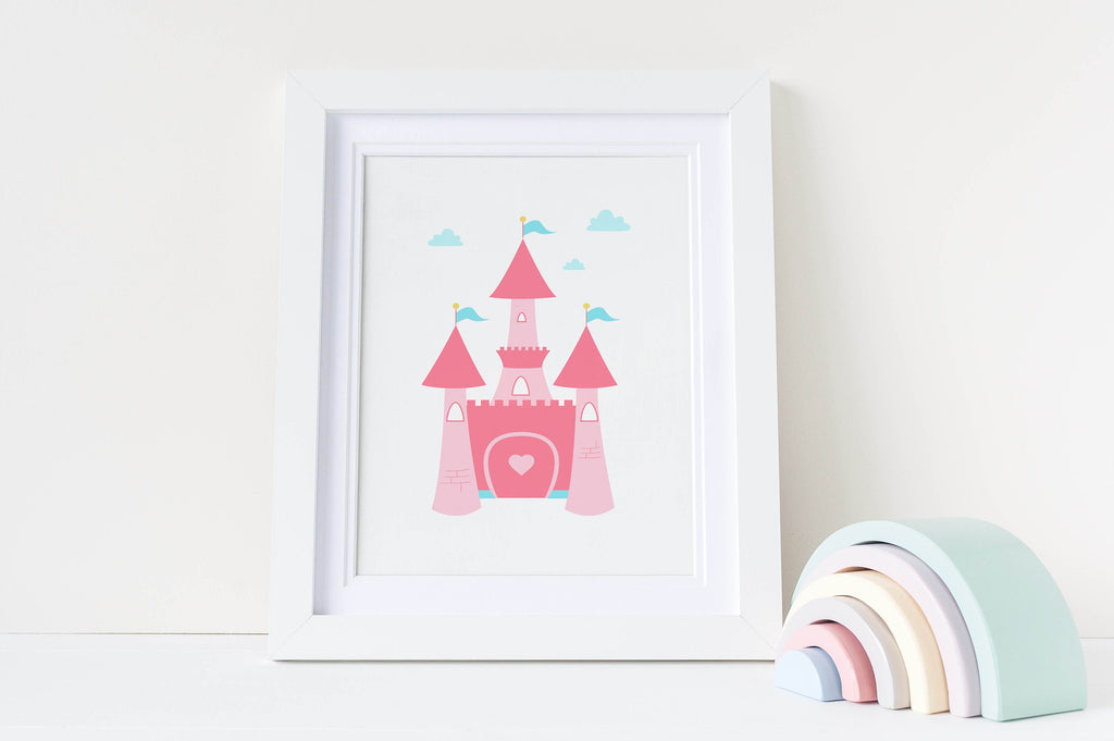 Wall Funk's NP#36: Princess nursery art prints with a pink castle and pastel blocks. Custom sizes available.