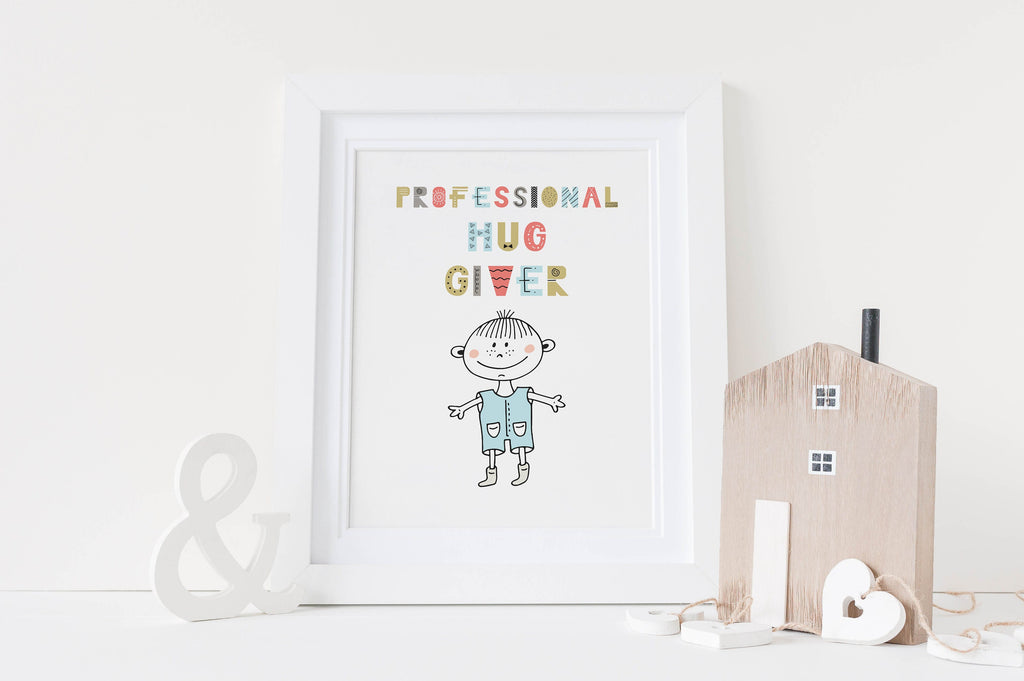 Wall Funk's delightful nursery art, "Whimsical Hug Giver," features playful themes for boys. Perfect A4 size for any child's room.