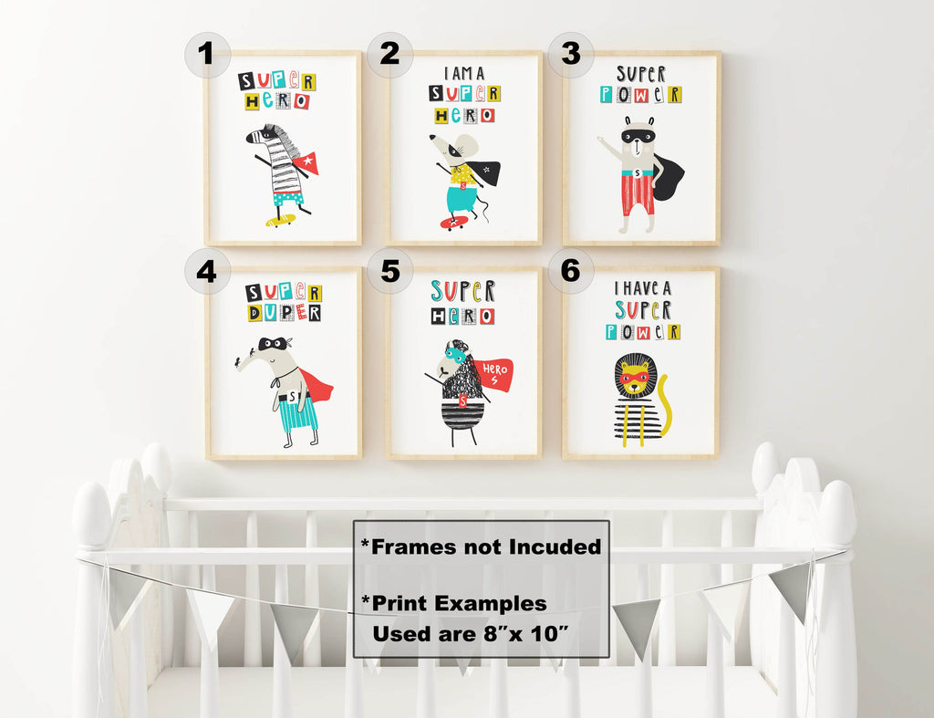 A set of six vibrant nursery prints by Wall Funk, available in custom sizes, perfect for framing above a crib with a decorative banner.