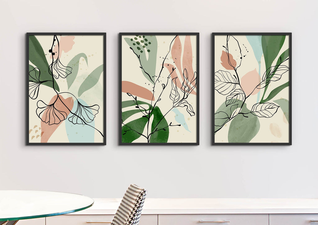 Floral Abstract Wall Art by Wall Funk features three abstract prints in pastel greens, blues, & peach tones, framed in black. Custom sizes.