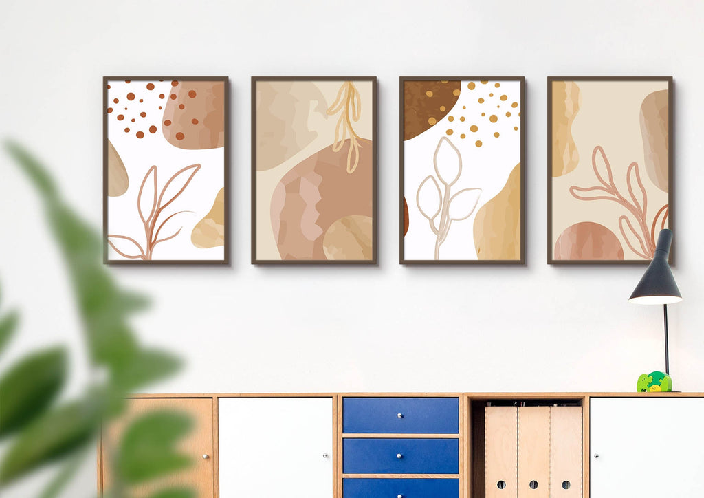 Wall Funk's Stylish & Chic Neutral Tones Floral Abstract Prints adorn the wall above a modern cabinet.