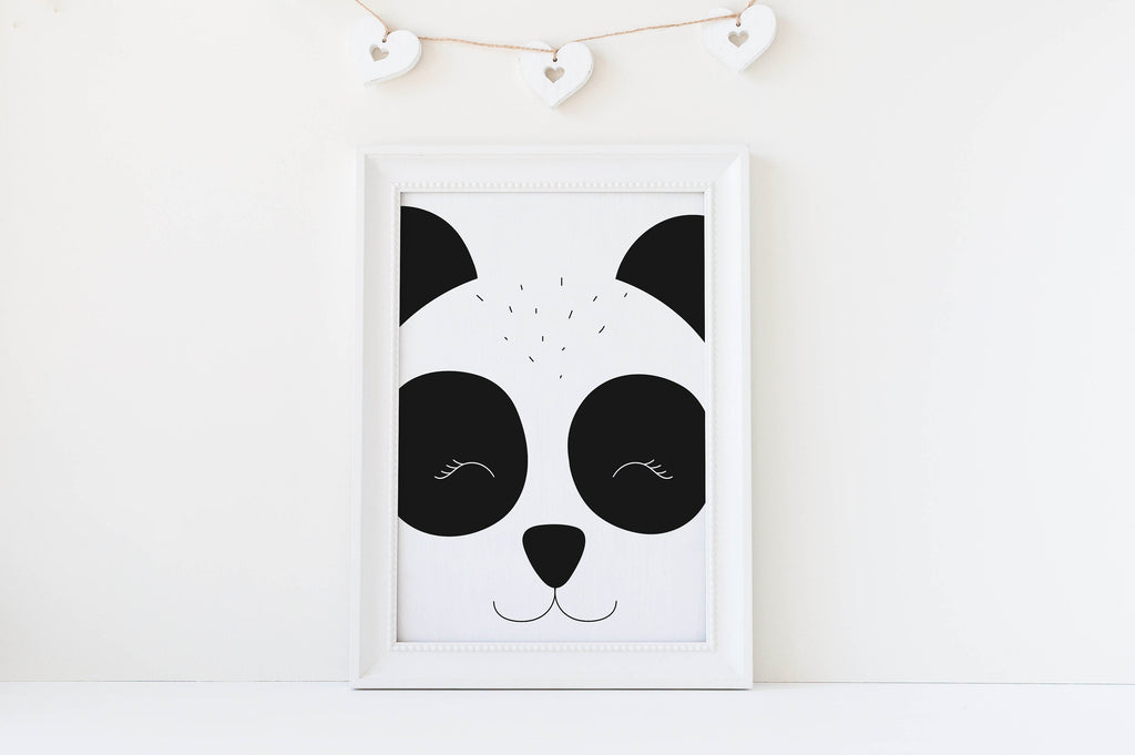 Wall Funk's Panda Nursery Art in a white frame is adorned with heart ornaments. Perfect custom-sized animal nursery prints. NP#49.