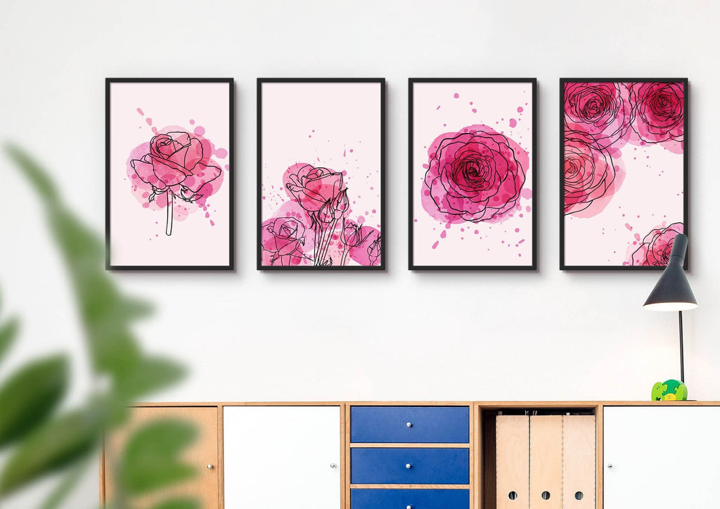 Floral Abstract Wall Art by Wall Funk, set of 4 prints in pink above a cabinet with a modern lamp. Custom sizes available.