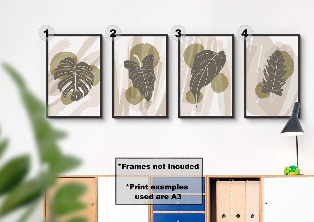 Wall Funk's "Green Floral and Forna" prints (1-4) add elegance to your wall with abstract leaf designs on premium card, above a modern shelf.