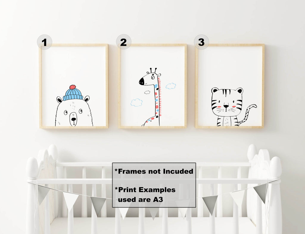 Wall Funk's Safari Nursery Art Prints: Custom-sized bear in a hat, giraffe with clouds, and waving tiger for above the crib. NP#24.