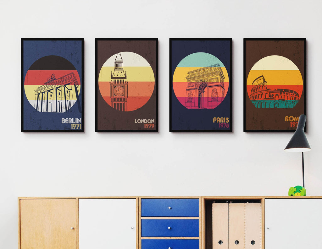 Wall Funk's TP#08 includes 4 framed travel prints of Berlin’s Brandenburg Gate, London’s Big Ben, Paris’s Arc de Triomphe & Rome’s Colosseum.