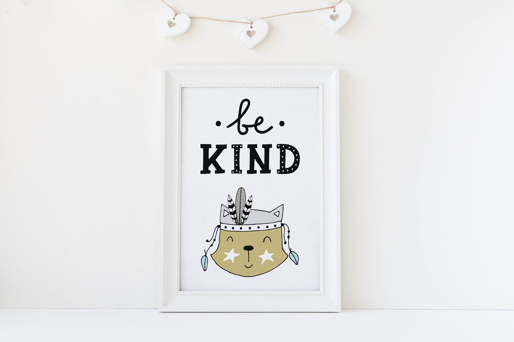 Wall Funk's Scandinavian-inspired nursery wall art features "be kind" with an adorable animal and heart-shaped decorations.