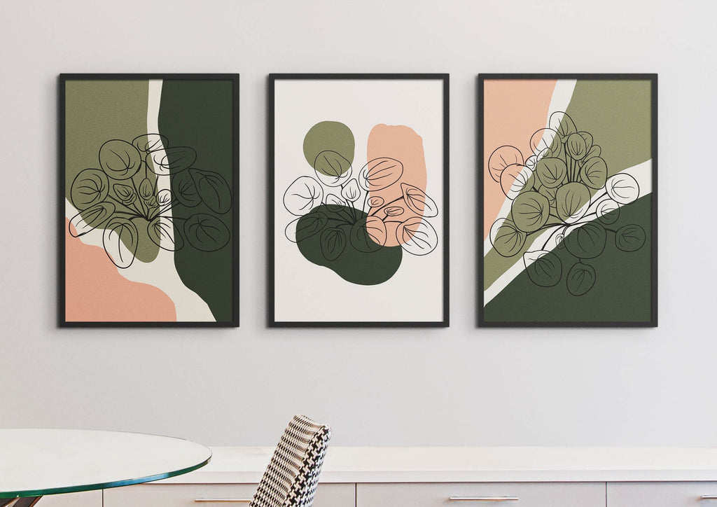 Muted Colours Floral Abstract Boho Wall Art Prints by Wall Funk: Three frames, abstract with green, pink, white shapes & custom sizes.