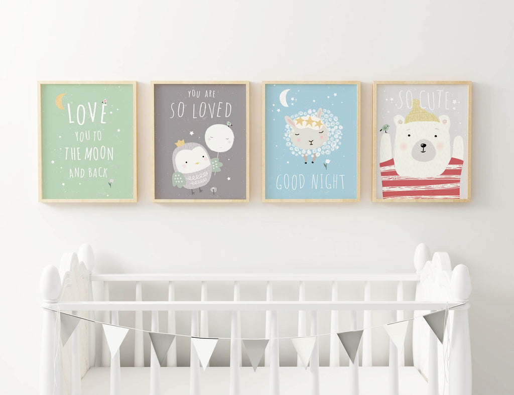 Wall Funk's Charming Boho Nursery Art Prints: Cute characters + uplifting quotes, perfect above a crib. 'Love you to the moon,' etc.