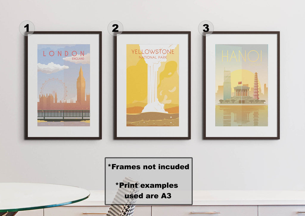 Wall Funk's Travel Prints showcase London, Yellowstone,Hanoi. Available as high-quality custom-sized cards.