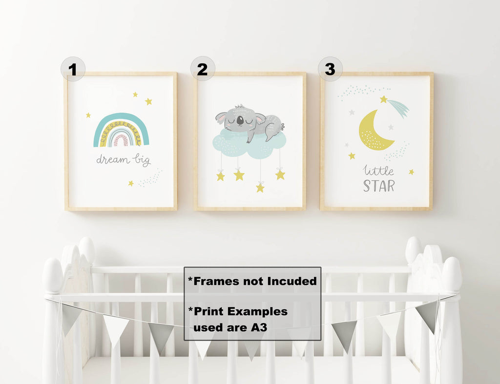 Wall Funk NP#34 prints: rainbow with "dream big," koala on a cloud, and moon with "little star" adorn the crib in style.