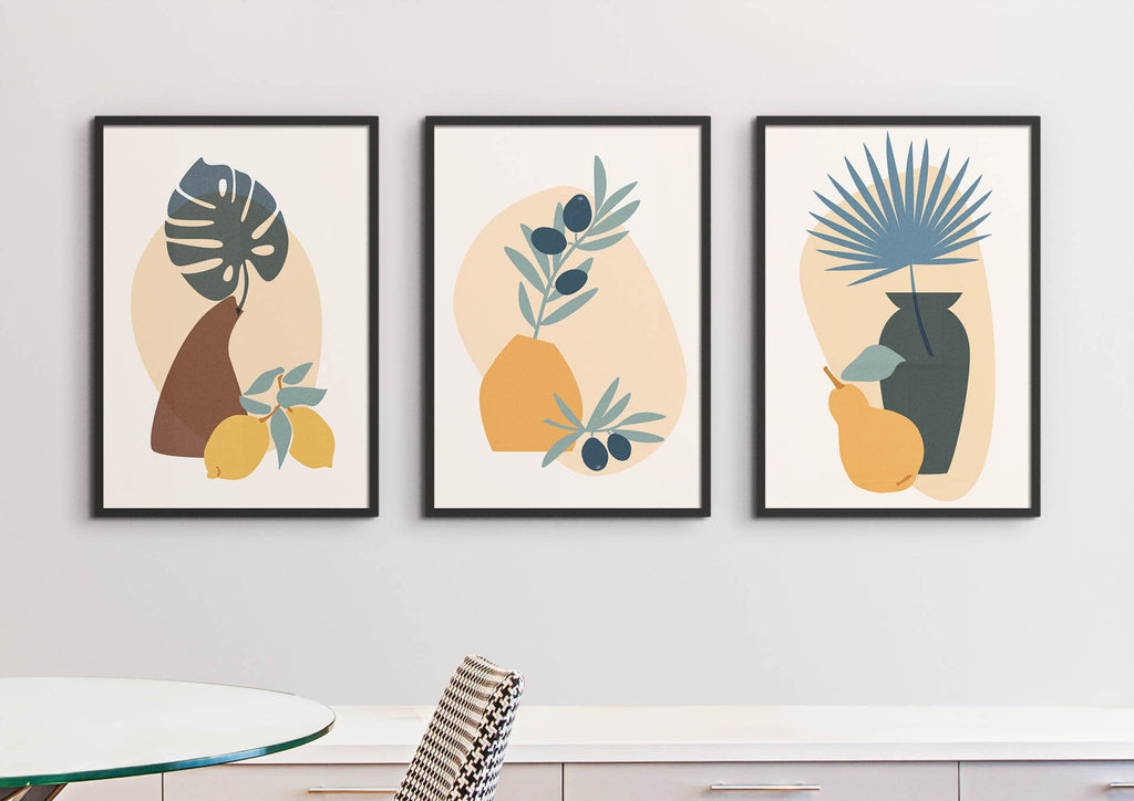 Wall Funk's Floral Abstract Wall Art features three earthy-toned botanical prints on high-quality card, framed on a white wall.