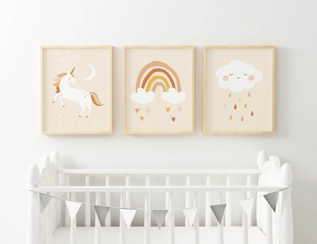 Wall Funk's Nursery Art Prints: a unicorn, rainbow with hearts, and cloud with raindrops. Custom sizes available. NP#45.