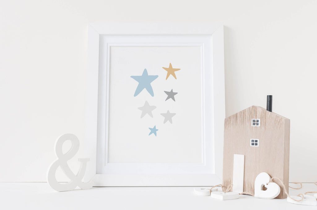 Wall Funk's NP#39 Rainbow Nursery Art Prints feature pastel stars, a wooden house, and ampersand on high-quality card. Perfect for kids' rooms.