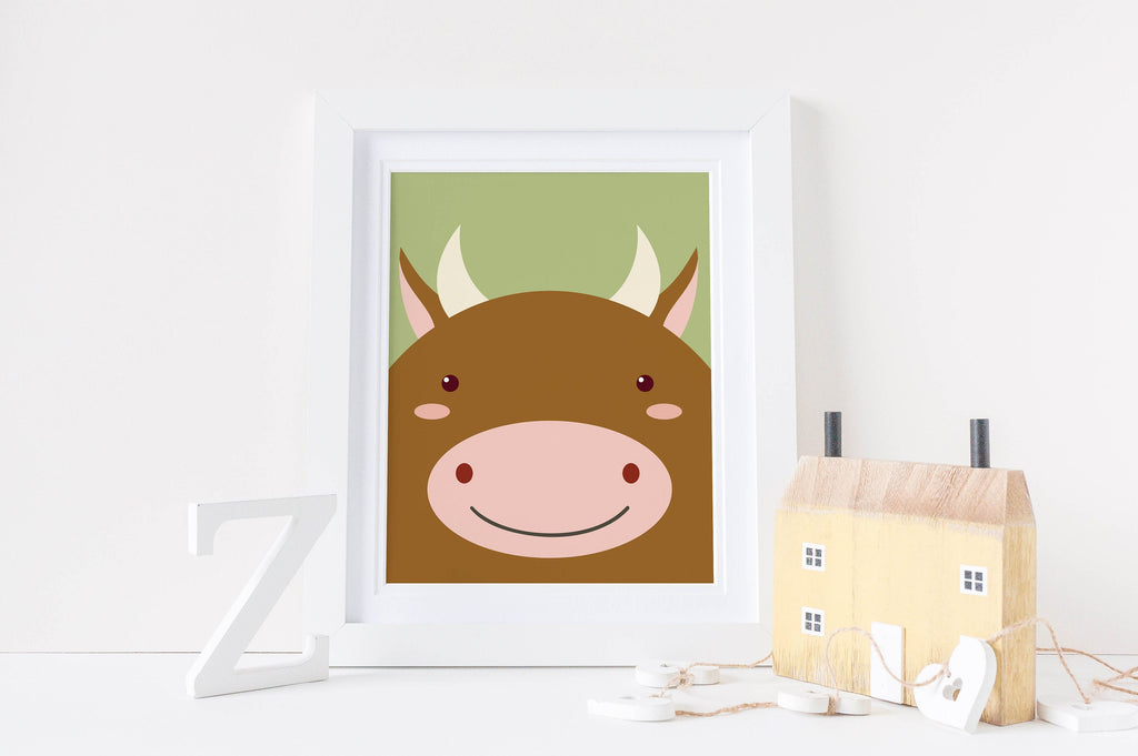 Wall Funk's NP#100 features nursery animal prints, a cow illustration framed with wooden decor and letter "Z," ideal for kids' rooms.