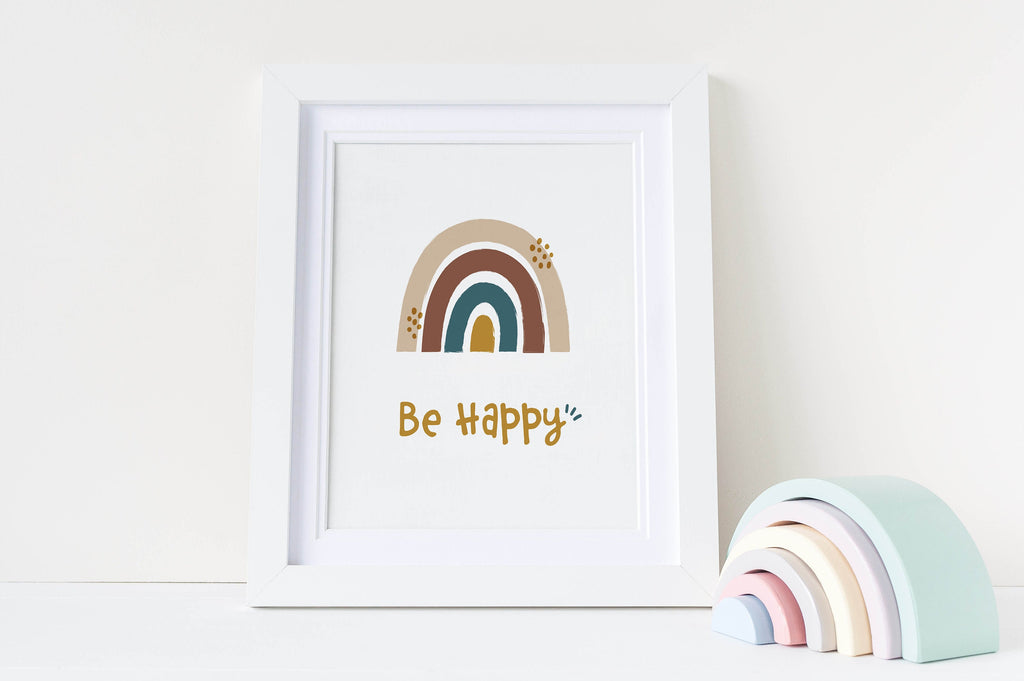 Wall Funk's NP#47 features "Be Happy" pastel rainbow art, customizable in size; pairs perfectly with a wooden rainbow on any shelf.