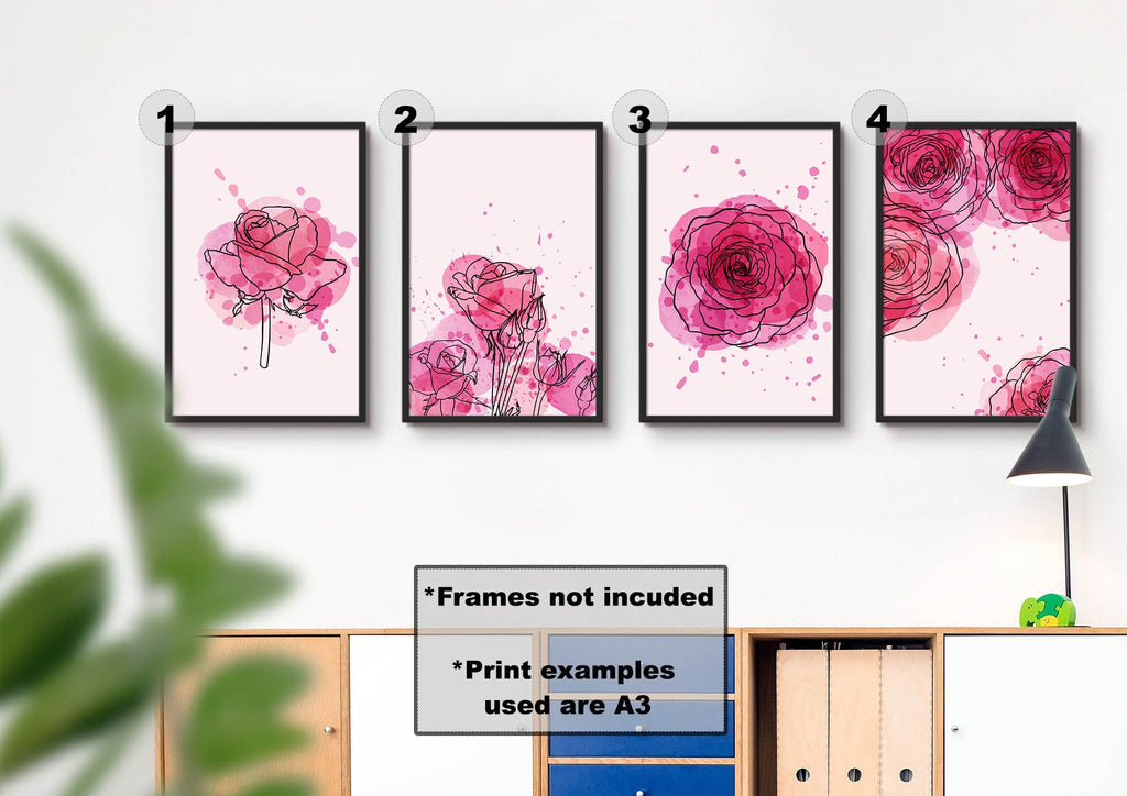 Wall Funk's Floral Abstract Wall Art features four numbered prints with pink watercolor flower designs.