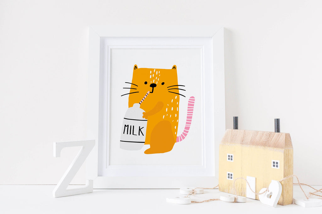 Framed "Charming Cat Nursery Art Print" by Wall Funk: a cute yellow cat with a milk bottle amid wooden houses & letter Z on a shelf.