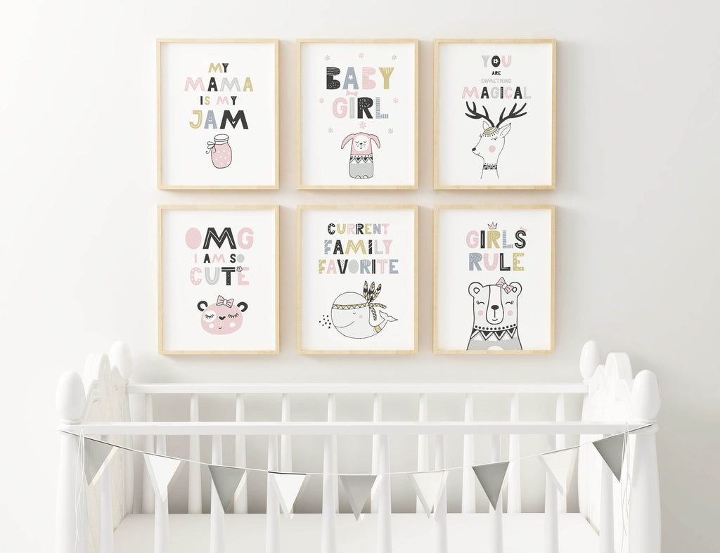 A white crib with Wall Funk's animal-themed prints, showcasing 6 cute characters and uplifting words on the nursery wall.