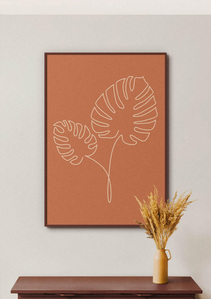 Floral Abstract Wall Art by Wall Funk: minimalist design with two outlined leaves on a reddish-brown background, available in custom sizes.