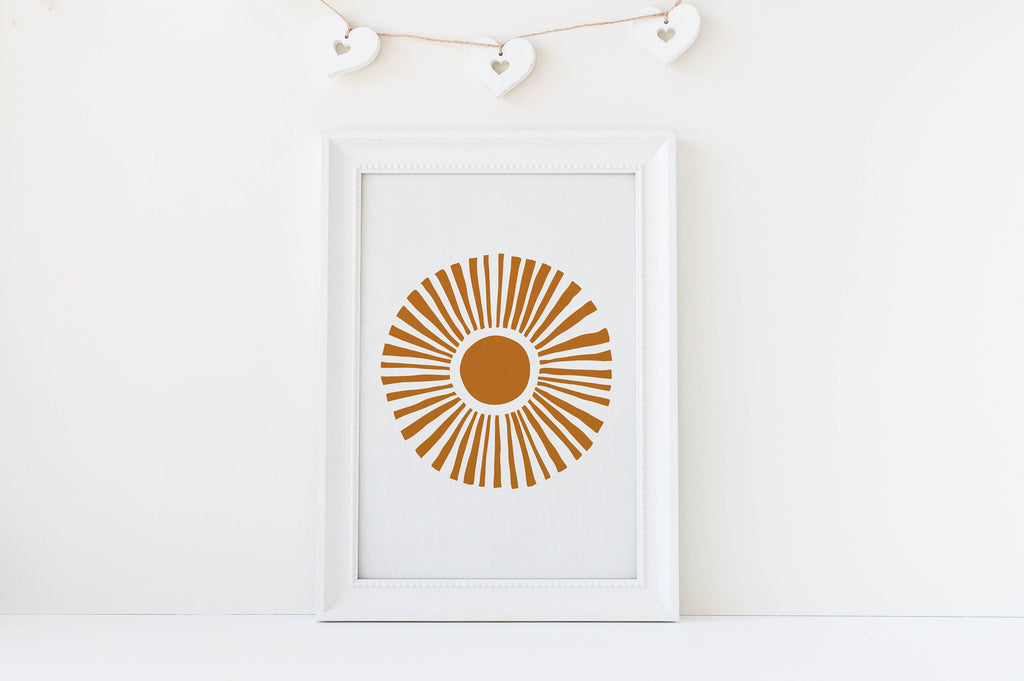 Wall Funk's Nursery Art Prints, NP#50: Custom-sized abstract sunburst with orange and white rays, perfect for nursery wall decor.