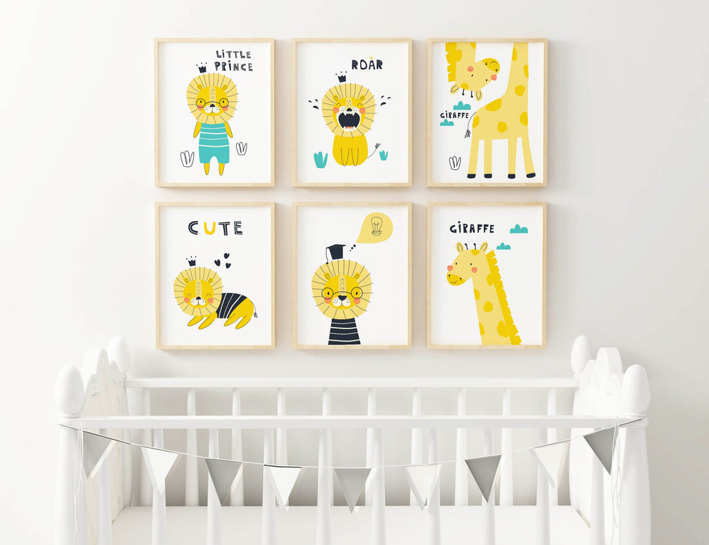 A nursery wall features six framed Children's Yellow Safari Animals prints by Wall Funk above a white crib with a small white banner.