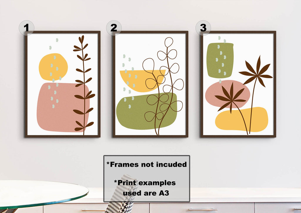 Floral Abstract Wall Art by Wall Funk: Set of 3 prints with organic shapes in pink, green, yellow. Frames not included.