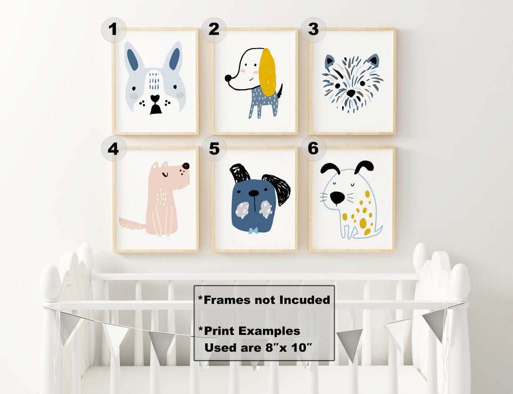 Six dog-themed Wall Funk prints above a crib, adding charm with adorable animal illustrations and bunting.