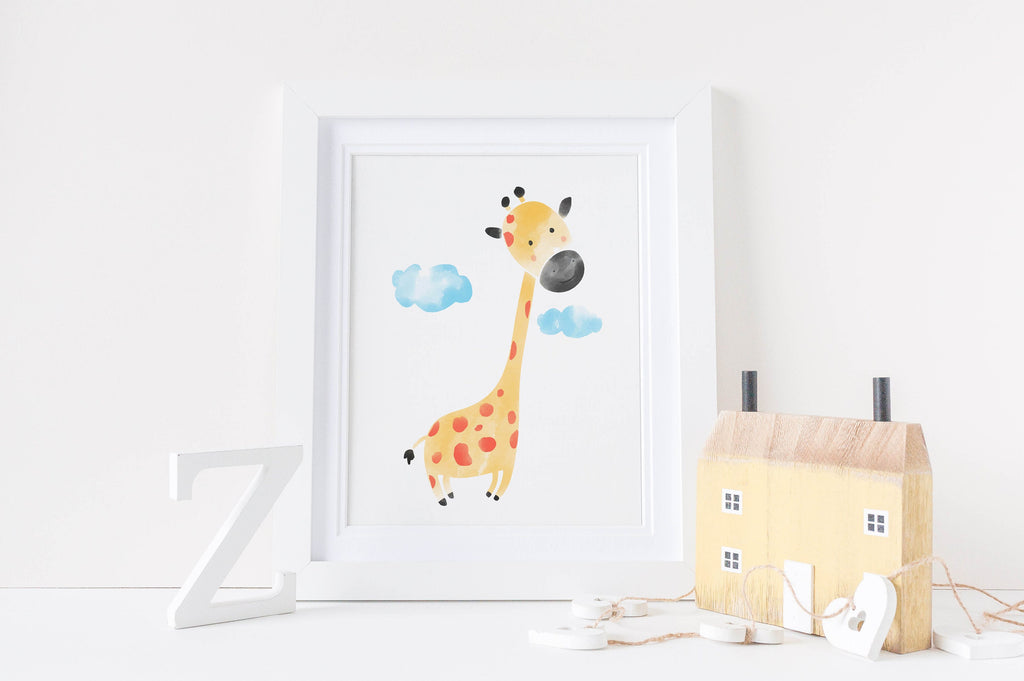 Safari Nursery Art Print by Wall Funk: Giraffe on card with clouds, framed. Perfect for a nursery shelf with wood decor. NP#25.