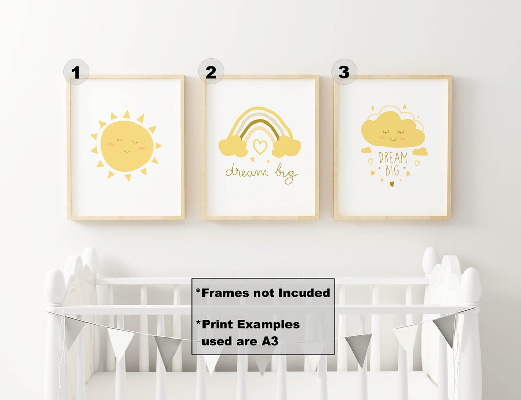 Wall Funk's NP#41: Sun, "Dream Big" Rainbow, Cloud prints. A3 or custom sizes; frames not included.